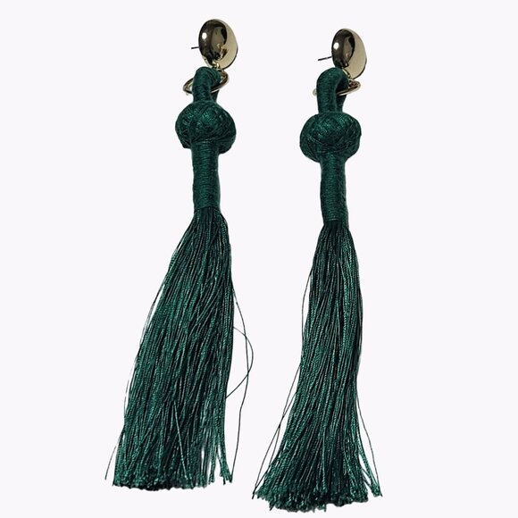 Elegant Long Green Tassel Earrings Gold Tone Drop Dangle Statement Jewelry - Picture 1 of 5
